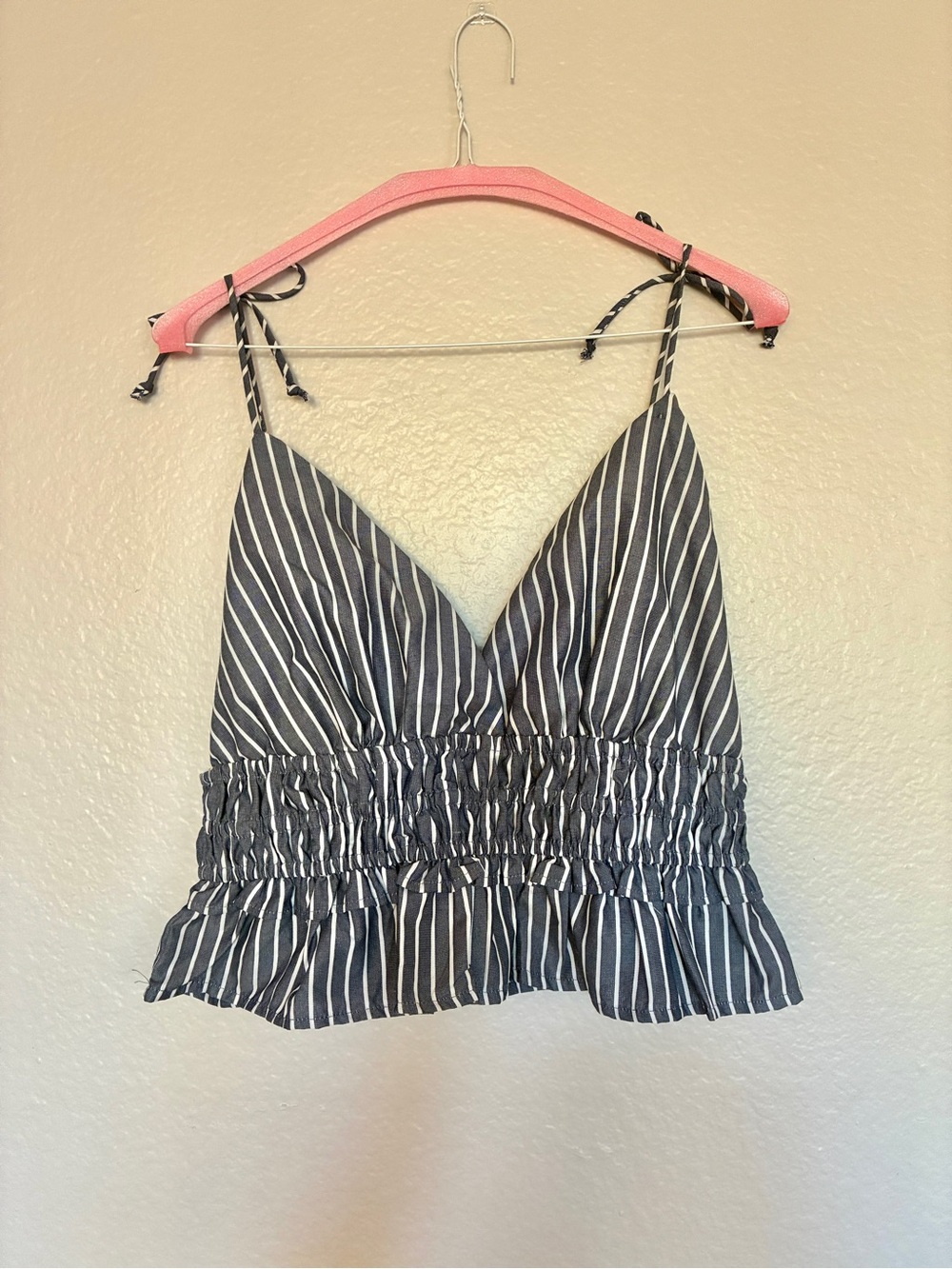 Sim & Sam Striped Tie Smocked Waist Cropped Babydoll Tank Top Blue/White Y2K Fun